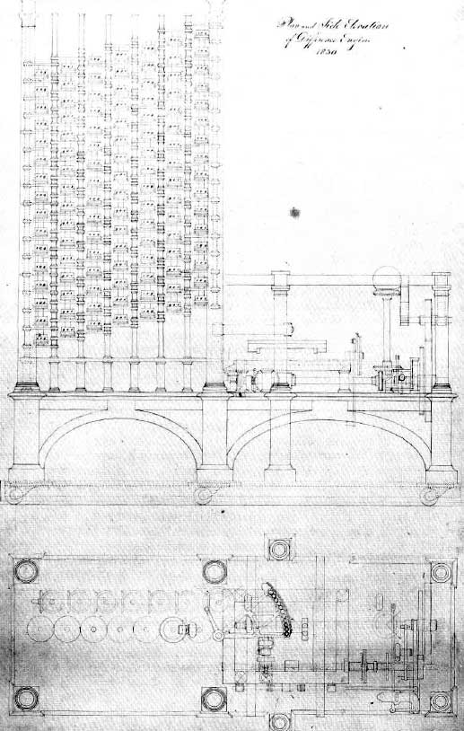 Elevation and plan drawings of Difference Engine